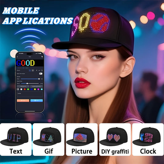 1 Programmable LED Display Hat, DIY Text Scrolling Information, APP Control, Multiple Patterns And Animations, Creative Hat, Adjustable Size, Suitable For Both Men And Women, Suitable For Gatherings And Carnivals, Halloween A SS69