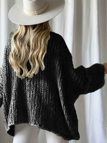 Plus Size, Women's Plus Size Oversized V-Neck Sweater - Winter Warm Solid Color Pullover, Elegant Casual Loose Fit Sweaters for Fall/Winter Layering, Hand Washable Cozy Blouse