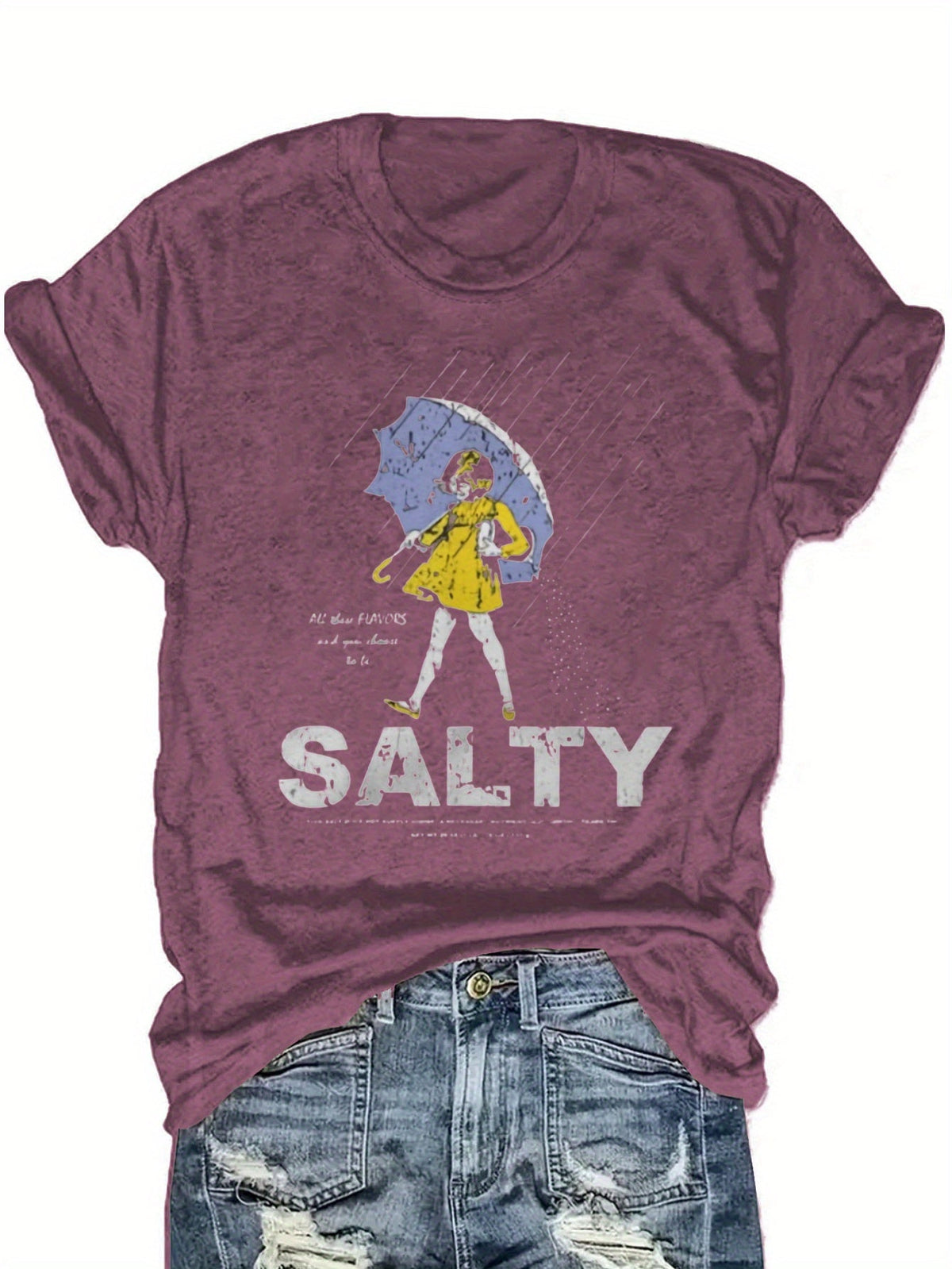 Salty with Umbrella Graphic Tee - Vintage Style Summer Beachwear for Trendy Women, Perfect for Vacation and Everyday Wear, ed T-shirt SS69