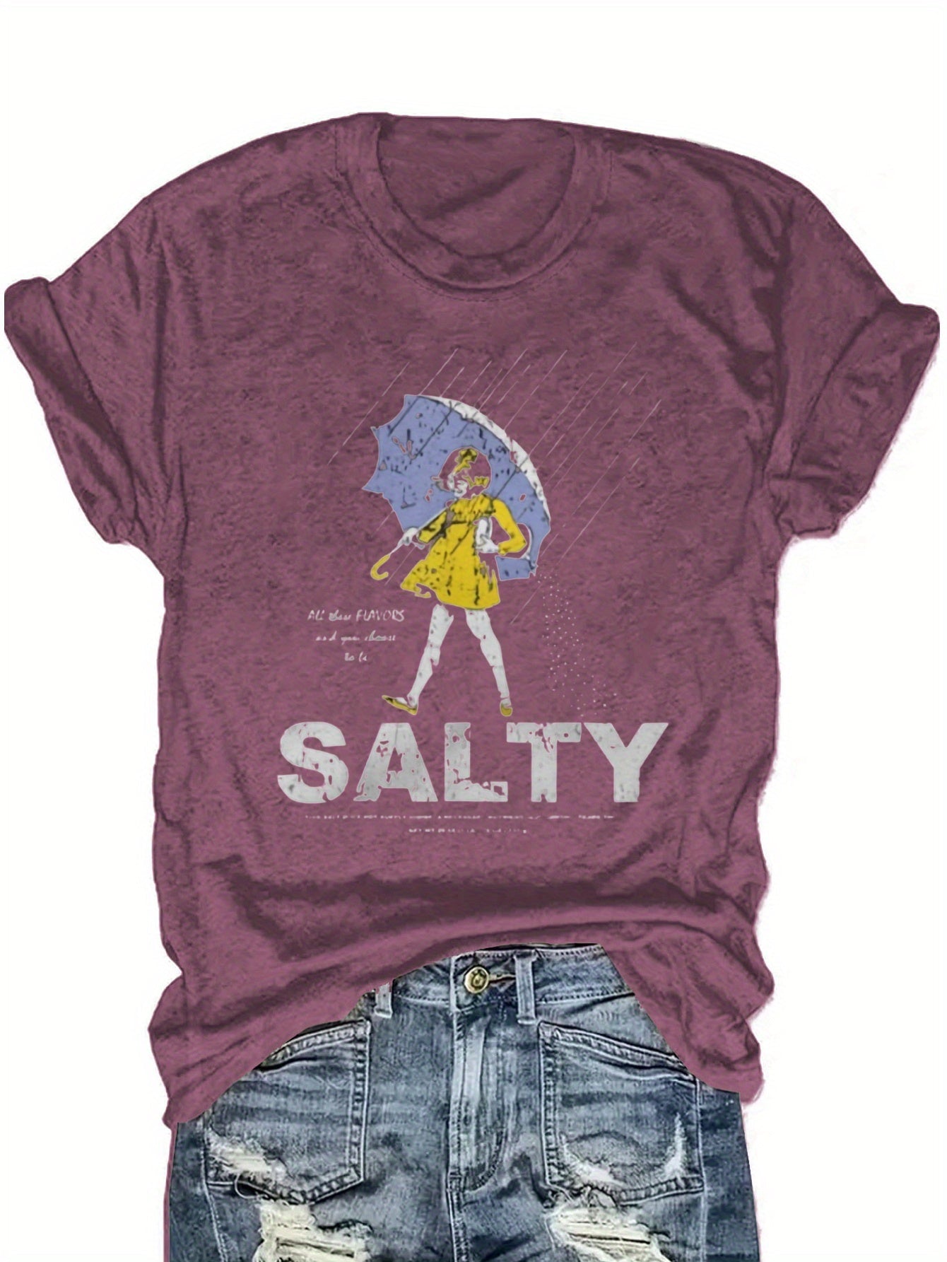 Salty with Umbrella Graphic Tee - Vintage Style Summer Beachwear for Trendy Women, Perfect for Vacation and Everyday Wear, ed T-shirt SS69