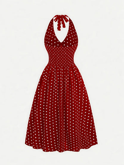 Elegant Style | Elegant Red Polka Dot Halter Dress with Tie-Back Detail - Backless A-Line Swing Dress for Women, Machine Washable Polyester, All-Season Glamour, Cocktail Attire | Aline Silhouette | Smooth Texture SS69