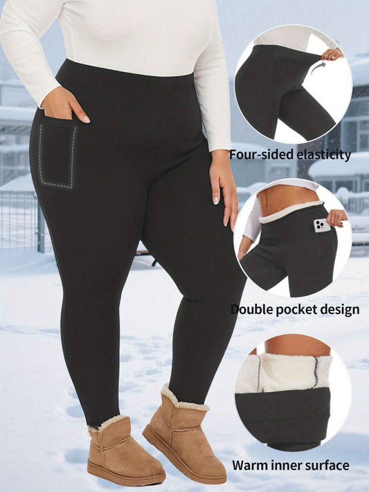 Plus Size, Women's Thermal Full-Length Leggings with Pockets - High-Elasticity Snug-Fit Pants for Winter Warmth, Solid Color Casual Wear Suitable for Home,, & Outdoor