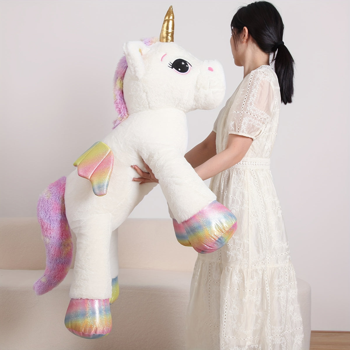 Giant Unicorn Plush Toy, White Soft & Cuddly Stuffed Animal with Rainbow Mane, Playful Design, Perfect Birthday Christmas or Halloween Gift for Youngsters Girlfriend or Boys, 44