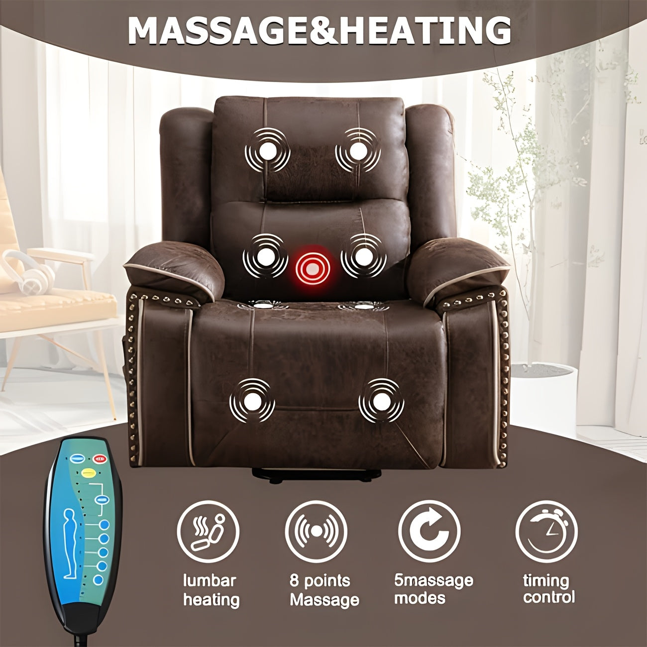 Dual Motor Large Power Lift Recliner Chairs with Massage And Heat for Big People, Electric Faux Leather Recliner with Adjustable Headrest, 2 Concealed Cup Holders, USB Ports, Home Comfort Chair, Elderly Seating, Modern Reclin SS69