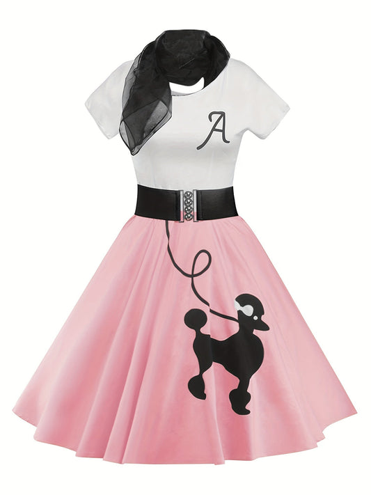 [Retro Skater Dress] Retro Poodle Print Women's Skater Dress | Vintage High Waist Rockabilly Swing Tee Cute Dresses SS69