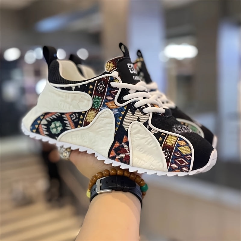 Men's Colorful Geometric Print Chunky Sneakers - Stylish Athletic & Casual Shoes with Thick PVC Sole, Breathable Fabric Lining, and Durable PU Upper for All-Day Comfort SS69 42.69 Black / US 8.5