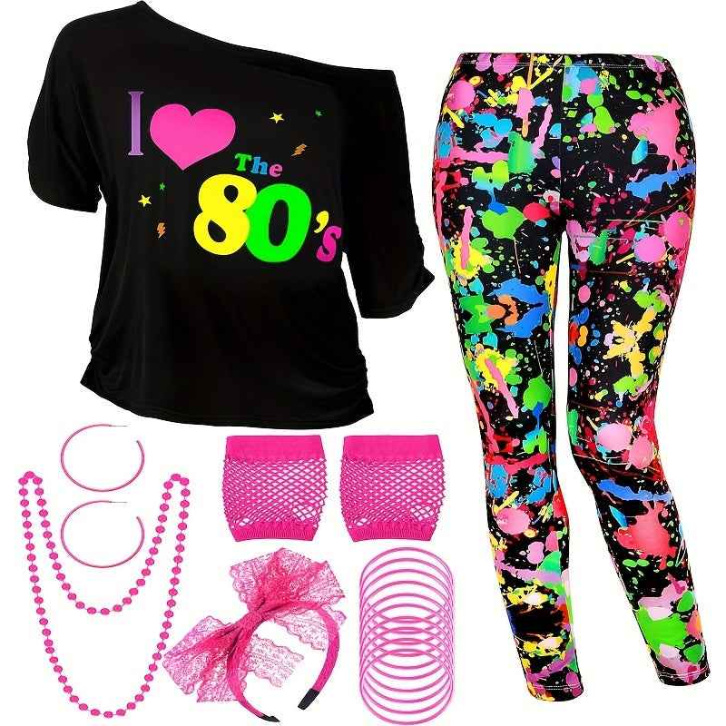 80s Women Costume Set, T-Shirt, Geometric Legging Pants Earring Necklace Gloves Bracelet