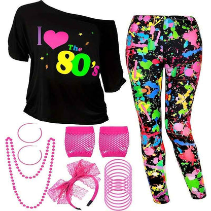 80s Women Costume Set, T-Shirt, Geometric Legging Pants Earring Necklace Gloves Bracelet