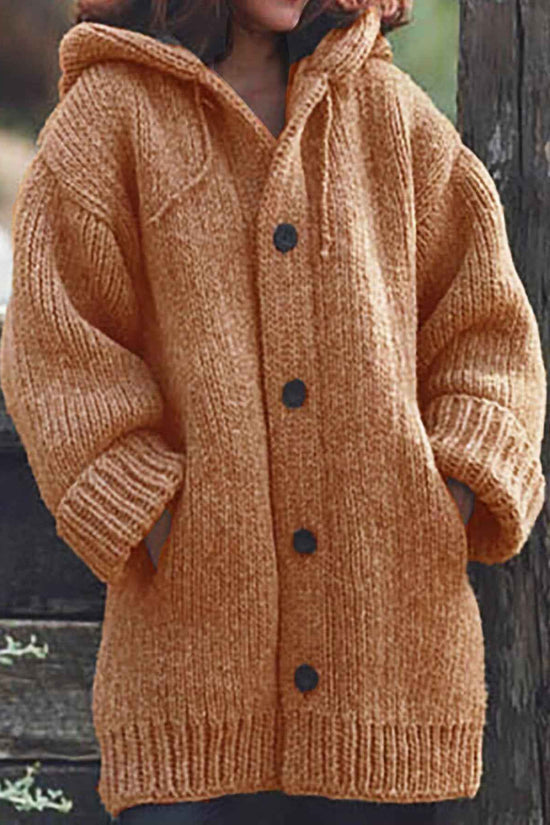 Plus Size, Plus Size Elegant Hooded Cardigan Jacket - 100% Winter Sweater Coat with Front Button Closure, Hooded Long Sweater Jacket Suitable for Fall/Winter, Brown/Navy/Red - Casual & Formal Wear, Machine Washable Cozy Outer