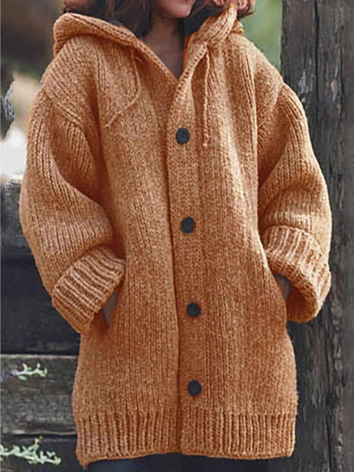 Plus Size, Plus Size Elegant Hooded Cardigan Jacket - 100% Winter Sweater Coat with Front Button Closure, Hooded Long Sweater Jacket Suitable for Fall/Winter, Brown/Navy/Red - Casual & Formal Wear, Machine Washable Cozy Outer