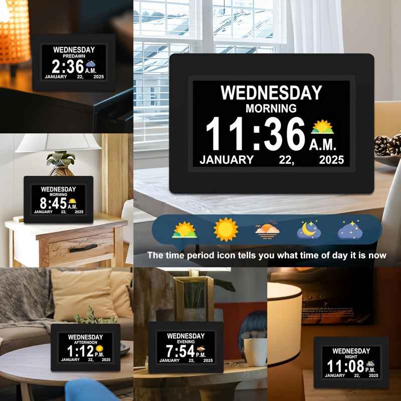 Large Digital Clock Designed for Seniors with Dementia, Featuring a Calendar Display, Alarms, And Functions As a Wall Clock Showing Day And Date. It Also Serves As an Alarm Clock, Desk Clock, Electronic Photo Frame, And Suppo