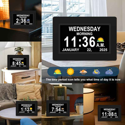 Large Digital Clock Designed for Seniors with Dementia, Featuring a Calendar Display, Alarms, And Functions As a Wall Clock Showing Day And Date. It Also Serves As an Alarm Clock, Desk Clock, Electronic Photo Frame, And Suppo