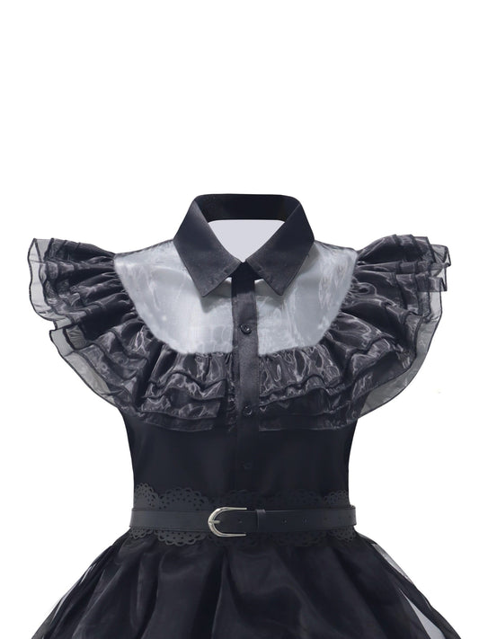 Vintage Gothic Cosplay Mesh Polo Collar Tiered Ruffle Dress - Polyester Solid Color Woven Funny Costume for Womens Party - No Elasticity, No Printing, No Sheer SS69