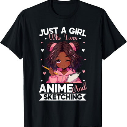 Who Loves Anime And Sketching Afro Anime Merch T-Shirt Trendy Cotton Tops Short Sleeve, Street Style Short Sleeve Tee, Comfort Tee, Casual Summer Tee, Must-have Fashionable Tee SS69 10.69 Black / XXXL