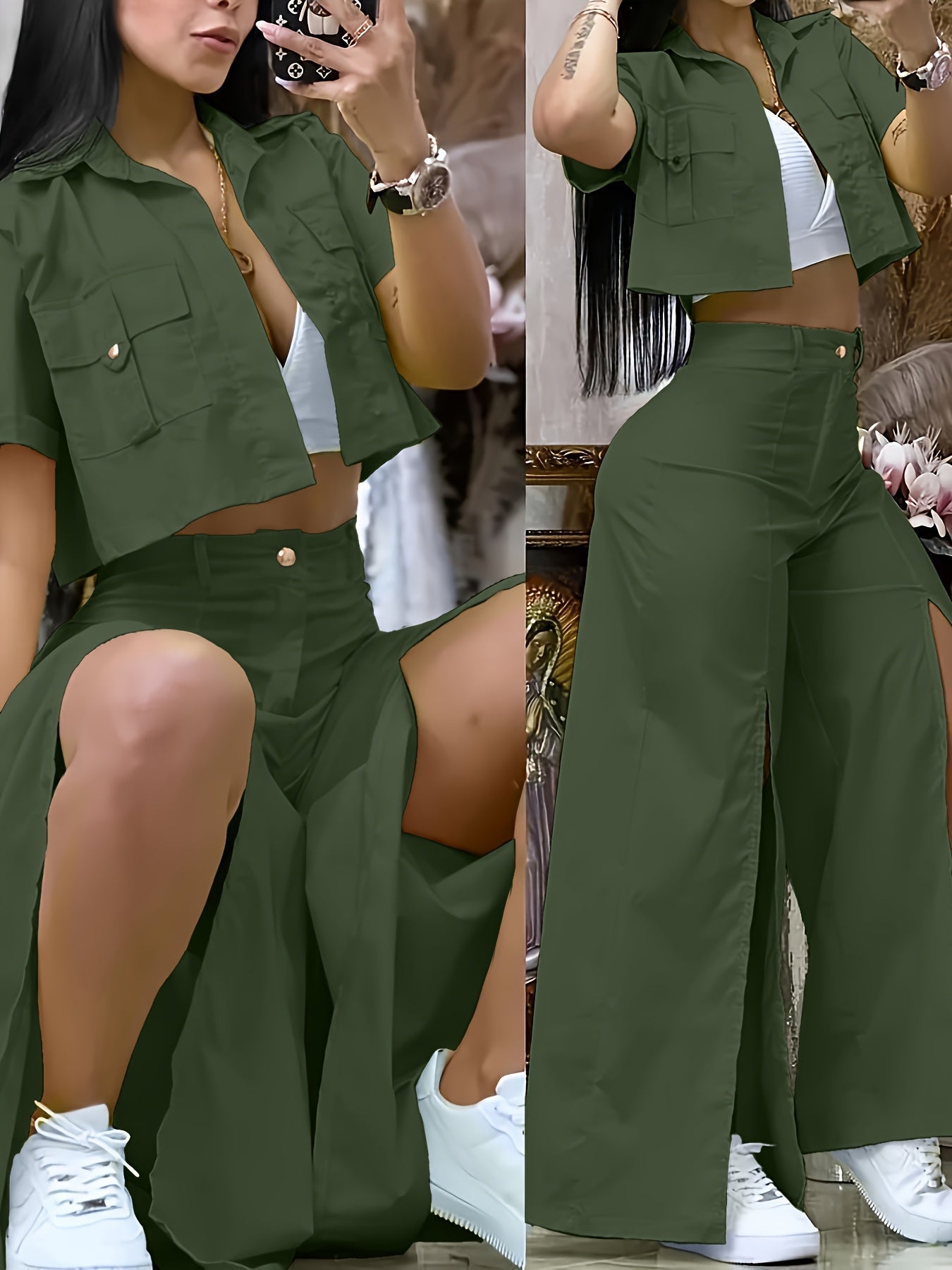 Women's Vibrant Yellow Casual Two-Piece Set: Short Sleeve Button-Up Shirt & High-Waist Wide-Leg Pants with Thigh-High Slit - Polyester, Machine Washable SS69