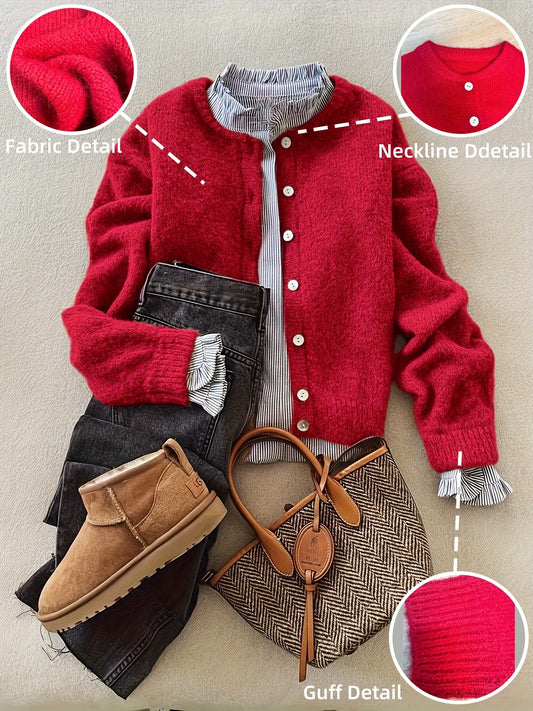 Women'S Soft Alpaca Sweater - Elegant Long Sleeve Button-Front Cardigan with Relaxed Fit & Open Collar, Warm Winter Coat Sweater for Casual & Formal Outfits, Cozy Fall Winter Sweater for Women (Red, Brown, Black, Grey, Beige) SS69