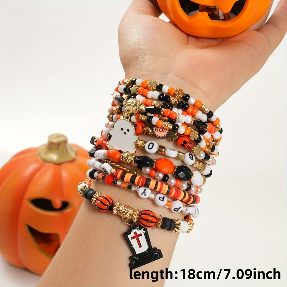 [Spooky Halloween Bracelets] 6/12/18/24/30/36pcs Spooky Halloween Beaded Bracelets | Goth Pumpkin Bat Witch Charm Stretch Stackable Bracelet Set for Women Men - Orange Beads Holiday Jewelry Gifts for Everyday Wear And Parties SS69