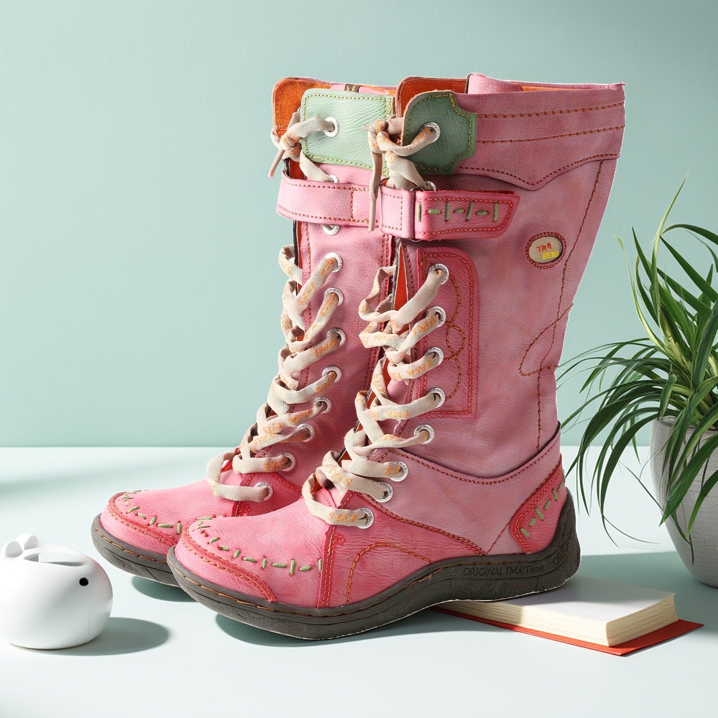 TMA EYES Spring New PU Color Block Fashion Dopamine Outfits Non-Slip Hiking Mid-Calf Boots SS69