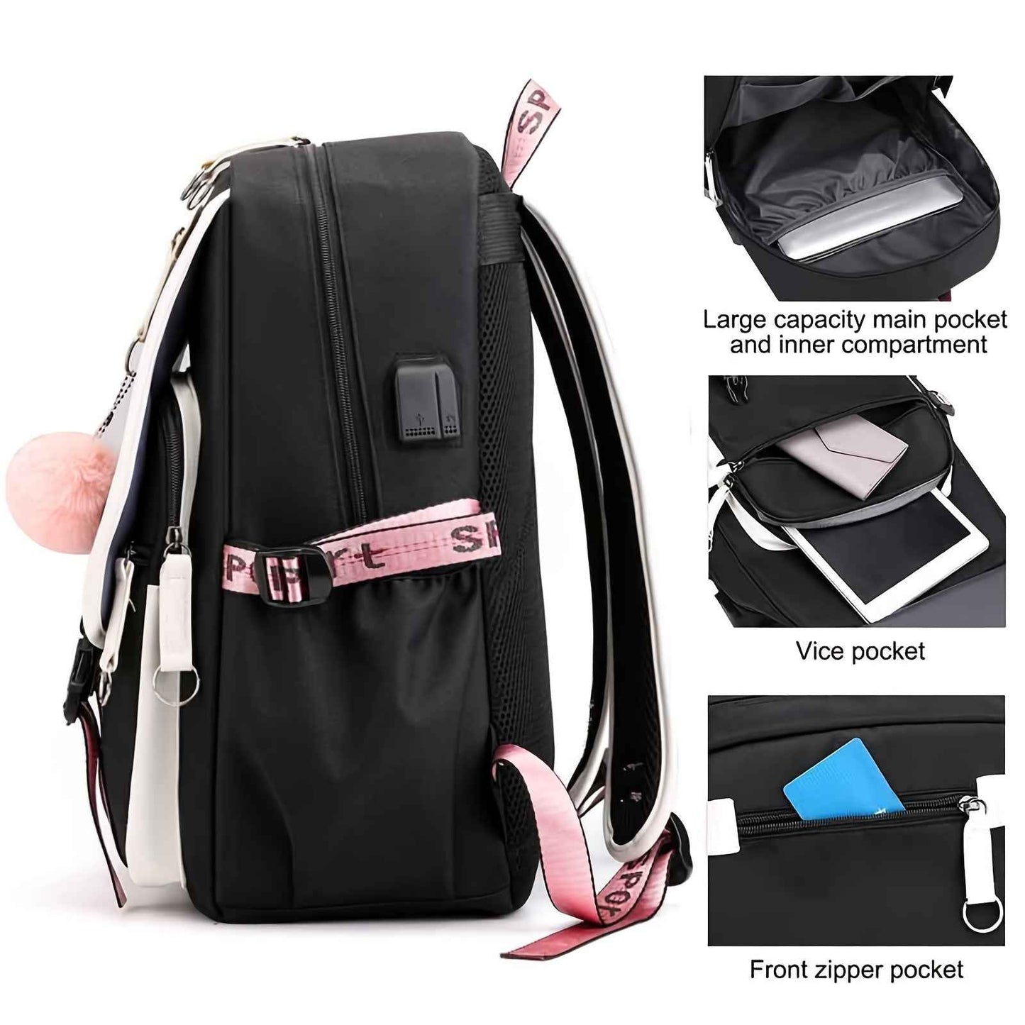 Sanrio Kuromi Canvas Backpack - Lightweight, Adjustable Straps, Zip Closure - Cute Anime Design with Plush Characters and Decorative Pins - Ideal for Students & Travel - Fits 17" Laptop - Black & Purple, Anime Accessory|Plush