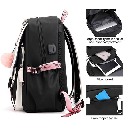 Sanrio Kuromi Canvas Backpack - Lightweight, Adjustable Straps, Zip Closure - Cute Anime Design with Plush Characters and Decorative Pins - Ideal for Students & Travel - Fits 17" Laptop - Black & Purple, Anime Accessory|Plush