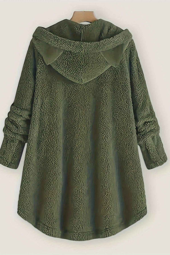 Plus Size, Women's Plus Size Cat Print Button Detail Hem Plush Casual Long Sleeve Hooded Sweatshirt