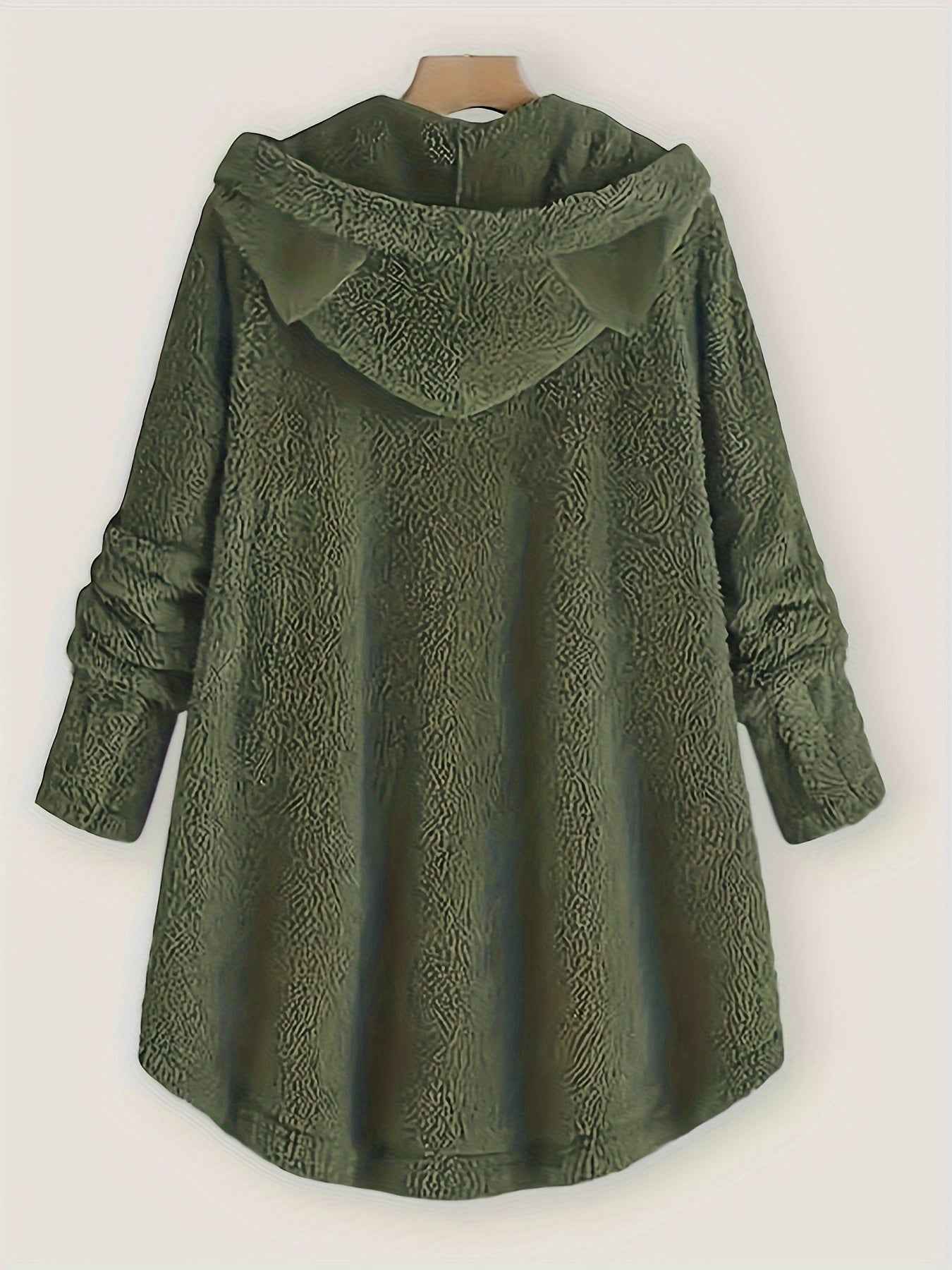 Plus Size, Women's Plus Size Cat Print Button Detail Hem Plush Casual Long Sleeve Hooded Sweatshirt