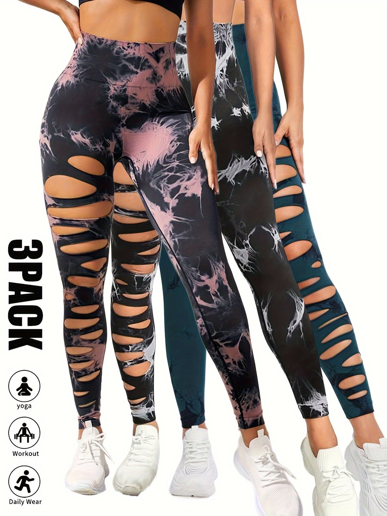 3 Pack High Waist Tie Dye Cutout Yoga Leggings - Scrunch Butt Lifting, Tummy Control, Elastic Workout Pants for Women SS69