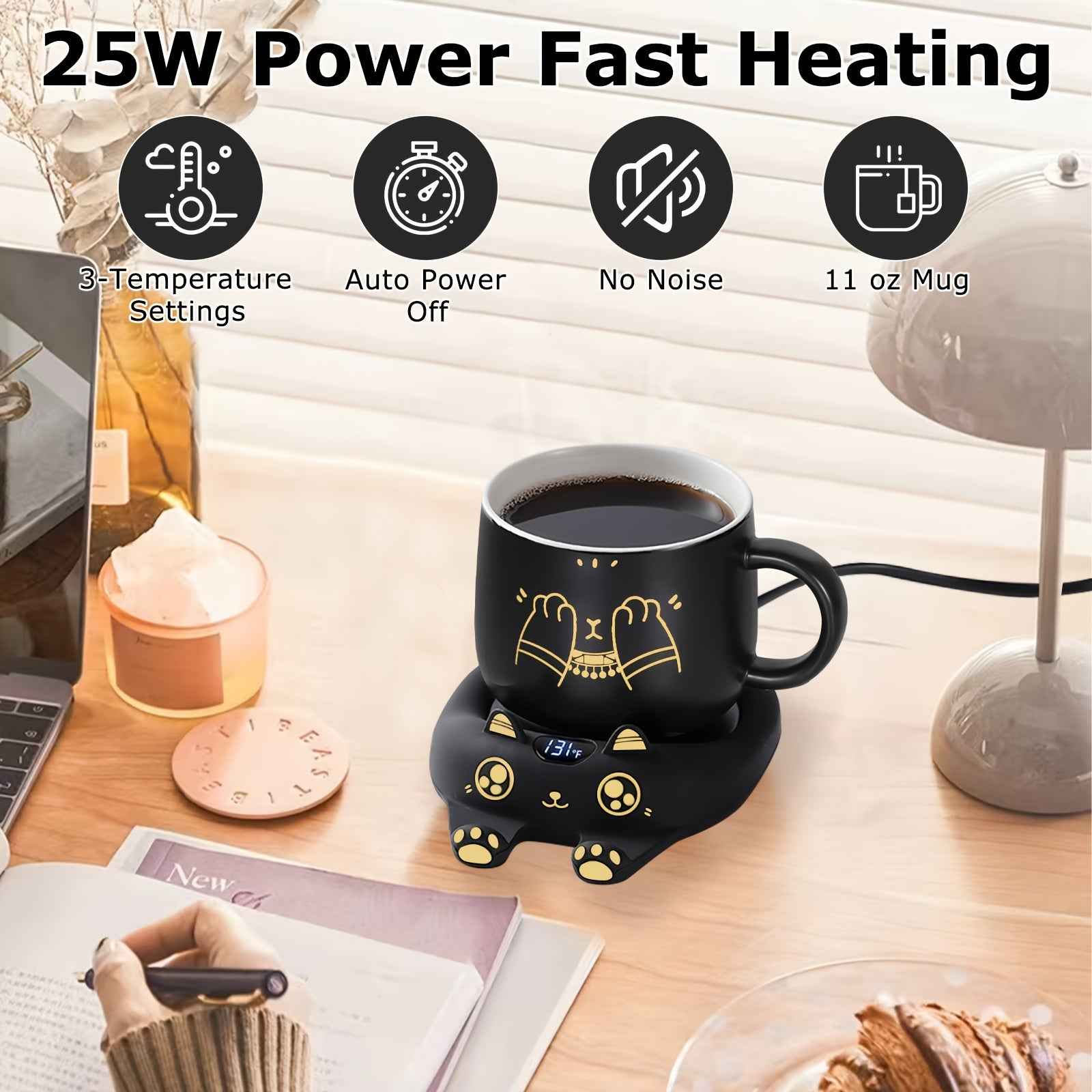 PUSEE Coffee Mug Warmer & Cute Cat Mug Set, Coffee Cup Warmer for Desk with Auto Shut Off, Beverage Warmer with 3 Temp Settings, Candle Warmer Coffee Warmer with Mug Set for Christmas & Birthday Gifts