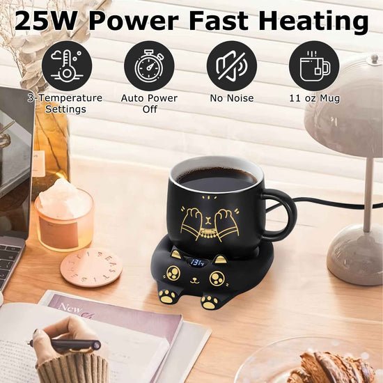 PUSEE Coffee Mug Warmer & Cute Cat Mug Set, Coffee Cup Warmer for Desk with Auto Shut Off, Beverage Warmer with 3 Temp Settings, Candle Warmer Coffee Warmer with Mug Set for Christmas & Birthday Gifts