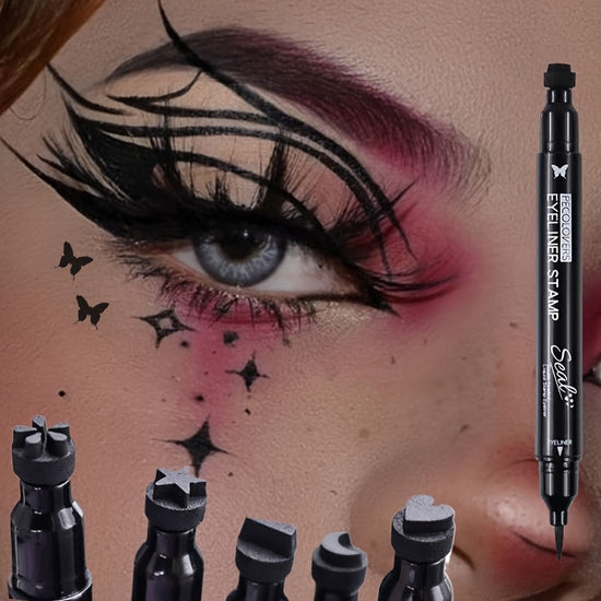 PECOLOVERS 2-in-1 Black Liquid Eyeliner Stamp Pen, Waterproof Quick Dry Love Heart Design, Cosmetic Makeup Tool SS69