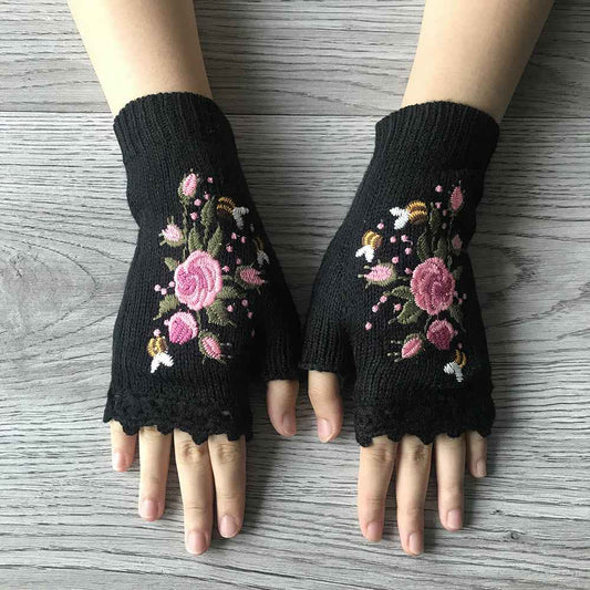 Short Fingerless Elastic Flower Bee Embroidered Knit Gloves Autumn Winter Coldproof Warm Gloves