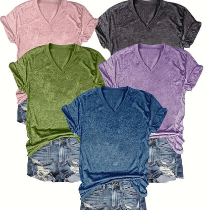 5 Solid Color V-Neck T-Shirts, Casual Short-Sleeved T-Shirts Spring And Summer, Women'S Clothing SS69 37.69 XXL / Sea blue + light purple + light green + dark