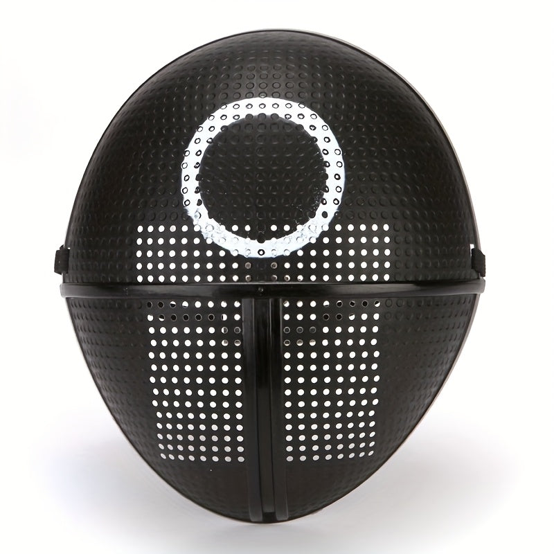 [Playful] Adjustable Black Full-Face Costume Mask for Adults - Funky Soldier Design with White Triangle & Circle Patterns, Breathable Plastic, Ideal for Halloween & Cosplay Parties, Roleplaying Prop | Playful Design | Secure SS69 8.69 Round