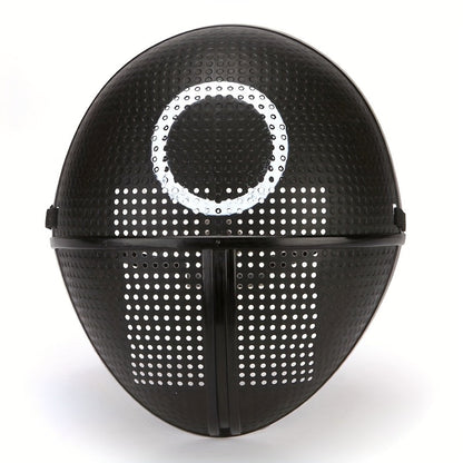 [Playful] Adjustable Black Full-Face Costume Mask for Adults - Funky Soldier Design with White Triangle & Circle Patterns, Breathable Plastic, Ideal for Halloween & Cosplay Parties, Roleplaying Prop | Playful Design | Secure SS69 8.69 Round