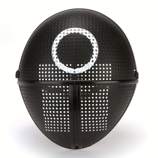 [Playful] Adjustable Black Full-Face Costume Mask for Adults - Funky Soldier Design with White Triangle & Circle Patterns, Breathable Plastic, Ideal for Halloween & Cosplay Parties, Roleplaying Prop | Playful Design | Secure SS69 8.69 Round