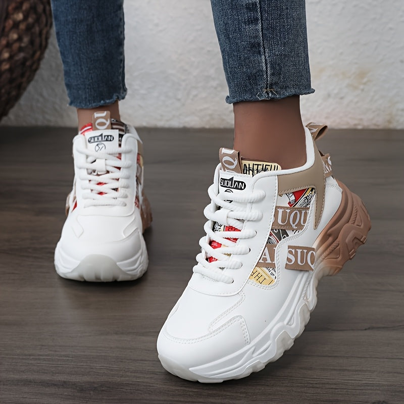 Women'S 2025 Spring/Summer High-Top Sneakers - Casual, Breathable, Thick Sole Running Shoes with Lace-Up Closure, Synthetic Upper, PVC Sole, and Stylish Red & Beige Design for Outdoor Activities, Casual Footwear | Trendy Casu SS69