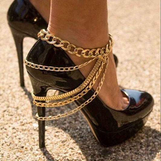 Gothic Punk Platform High Heels with Multi-Layer Chain Tassel Ankle Strap - Black & Chunky Heels, Year-Round Wearable Statement for Parties, Valentine's Day, Everyday (Durable Chain Foot Accessories)