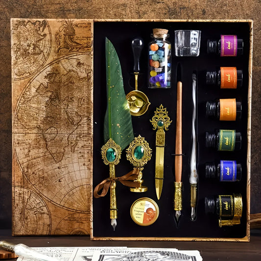 Antique Vintage Quill Pen and Ink Set - Gem Feather Pen Set with Glass Dip Pen, Wooden Dip Pen, Fire Lacquer Wax Beads, Spoon, Seal Stamp, Candle, Pen Base, Cup - Unique Gift for Writers, Artists & History Enthusiasts - Perfe SS69