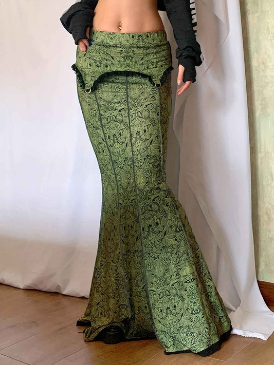 Graphic Print Lace Trim Mermaid Skirt, Elegant Slim Bodycon Skirt For Spring & Fall, Women's Clothing