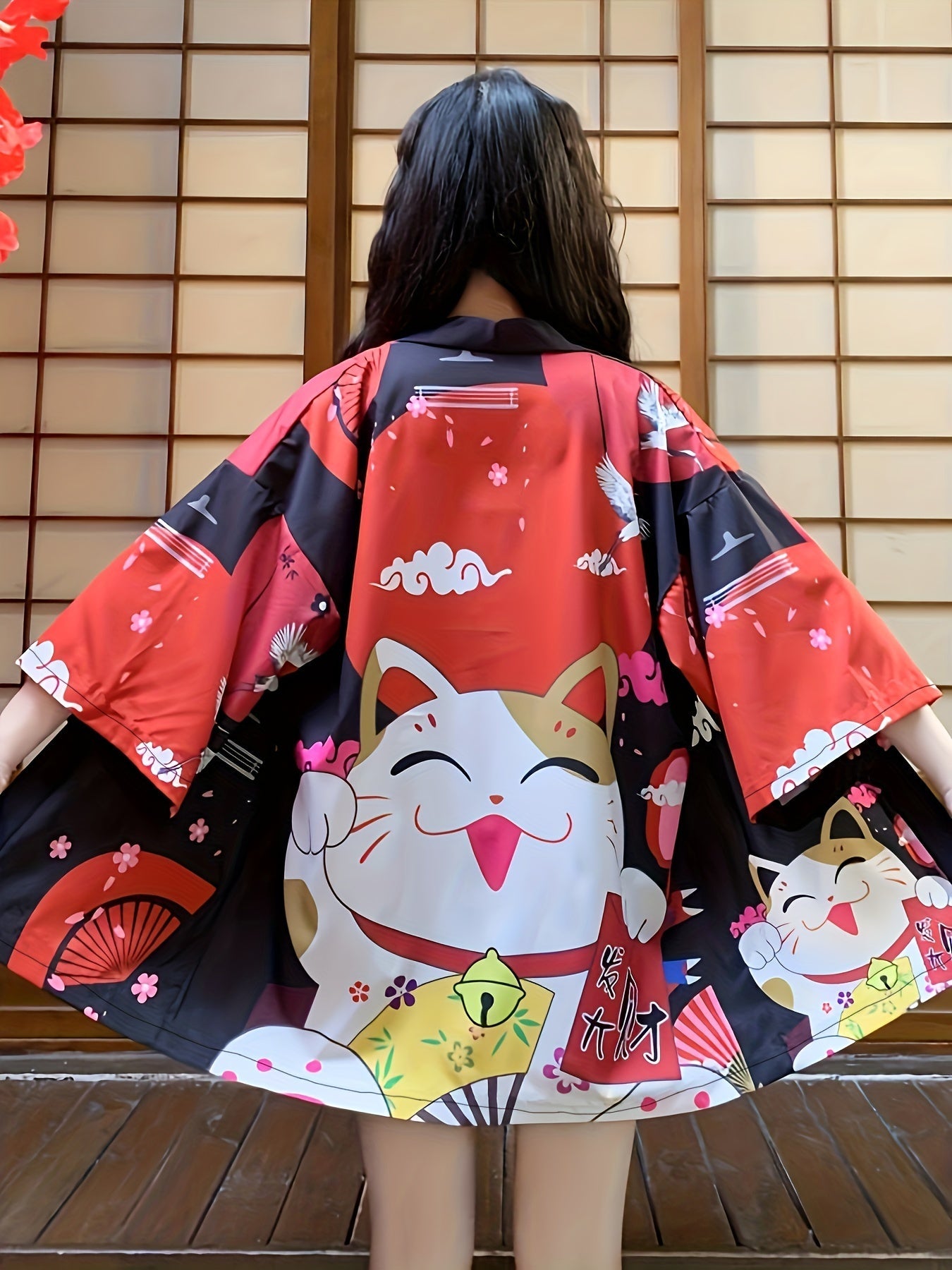 [Costume Delight] Anime Cosplay Kimono Cardigan - Lucky Cat & Festive Motifs, Lightweight Polyester, 3/4 Sleeve, Open Front Shawl - Ideal for Spring/Summer, Sun Protection, Halloween & Christmas Costumes SS69