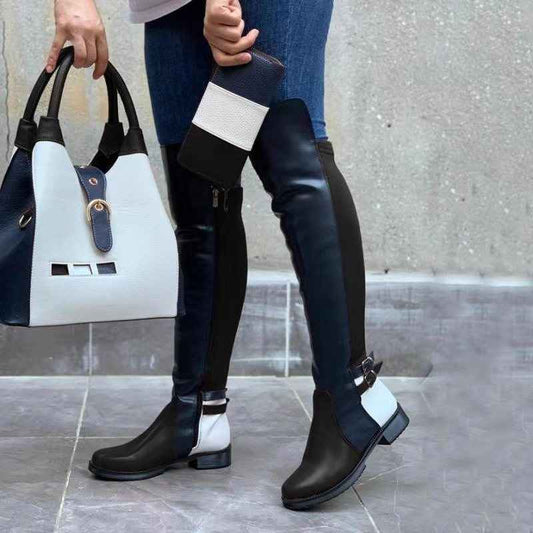 Women's Low Block Heel Boots with Side-Zip Closure & Color-Block Round Toe - Chunky Heel,  Upper, Rubber Sole - All-Black/Black-to-Ankle-Colored for Jeans/Pants - Versatile for Streetwear, Parties, - Easy On/Off Styles