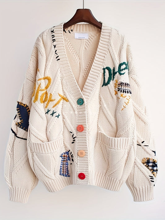 Fashionable Lazy Wind Embroidered Sweater Women's Autumn Winter 2024 New Letter Design Sense Loose Knit Sweater Jacket SS69