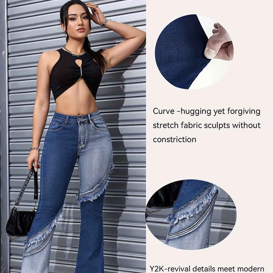 Women's High Waist Stretch Denim Jeans - Slim Fit Y2K Street Style with Two-Tone Patchwork & Raw Edge Flared Legs, Machine Washable Blue Washed Trousers, Trendy Outfit Pants, Bellbottom Silhouette, Detailed Stitching