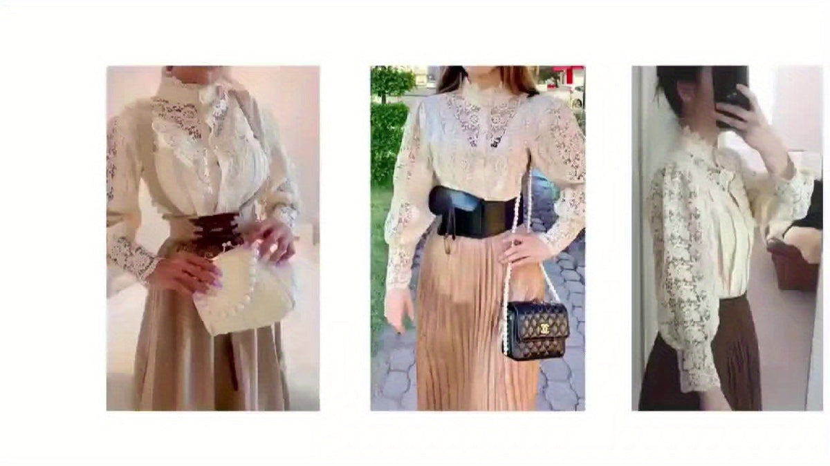 [Pearl Button Blouse] Pearl Button Elegant Victorian-Inspired Lace Blouse - Long Sleeve Mock Neck Green Polyester Pleated Design for Women, Perfect for Halloween Cosplay & Gothic Fashion SS69