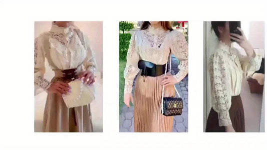 [Pearl Button Blouse] Pearl Button Elegant Victorian-Inspired Lace Blouse - Long Sleeve Mock Neck Green Polyester Pleated Design for Women, Perfect for Halloween Cosplay & Gothic Fashion SS69