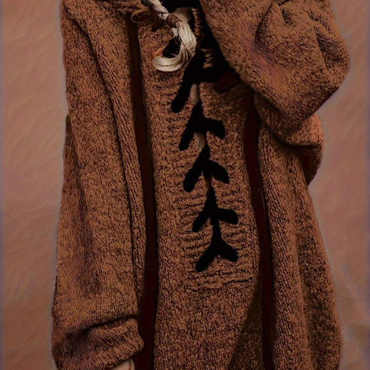 Plus Size, Plus-Size Women's Elegant Hooded Sweater - Long Sleeve Pullover with Adjustable Drawstring Hood, Soft Stretchy Fabric, Machine Washable, Solid Color Casual Winter Fall Tops, Sweater Hoodie, Autumn Apparel, Minimali