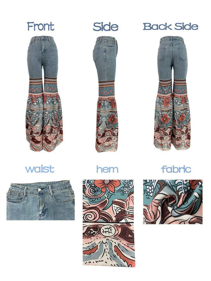 Women'S New Retro Printed High Waisted Pocket Jeans, Loose Casual Flared Pants