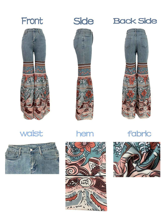 Women'S New Retro Printed High Waisted Pocket Jeans, Loose Casual Flared Pants
