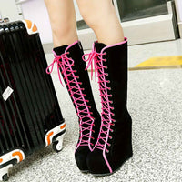 EROCALLI Women'S Gothic Y2K Platform Wedge Heel Knee-High Boots - Chunky Heel Lace-Up with Side Zipper, Faux Cover & Rubber Sole for Casual Party & Daily Wear, High Heel Boots, Party Footwear, Bold Fashion Statement, Durable