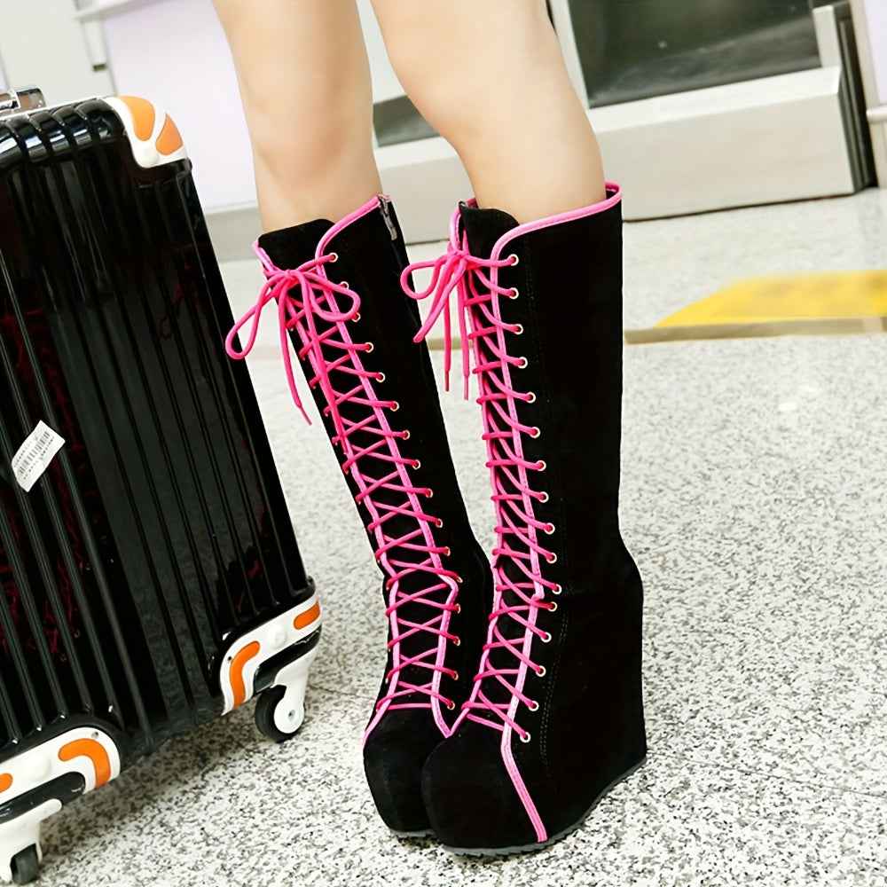 EROCALLI Women'S Gothic Y2K Platform Wedge Heel Knee-High Boots - Chunky Heel Lace-Up with Side Zipper, Faux Cover & Rubber Sole for Casual Party & Daily Wear, High Heel Boots, Party Footwear, Bold Fashion Statement, Durable